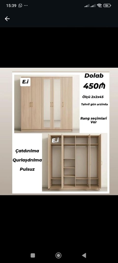 Dolab – 450₼ Ölçü: 2x2x45 Rəng seçimləri: Var Təhvil: gün ərzində — Bakı