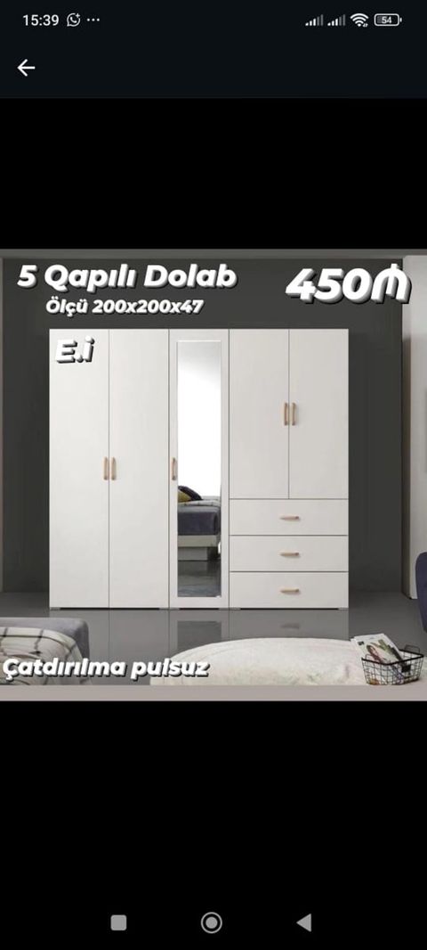5 qapılı dolab – ölçü: 200×200×47 sm. Ağ rəngli, ortada tam uzunluqlu — Bakı