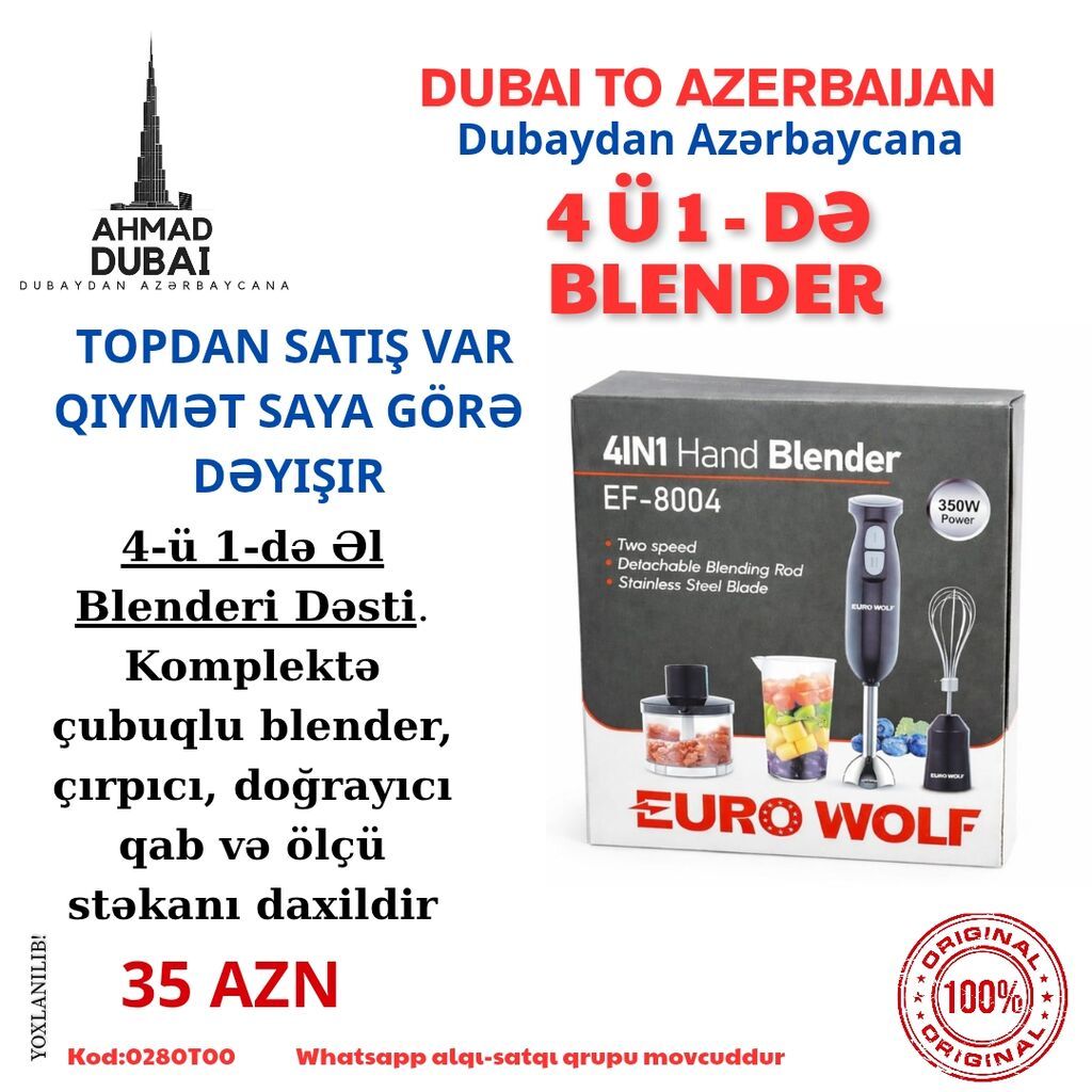 4‑ü 1‑də əl blenderi dəsti – Euro Wolf EF‑8004 Xüsusiyyətlər: - 350W — Mətbəx texnikası, Bakı