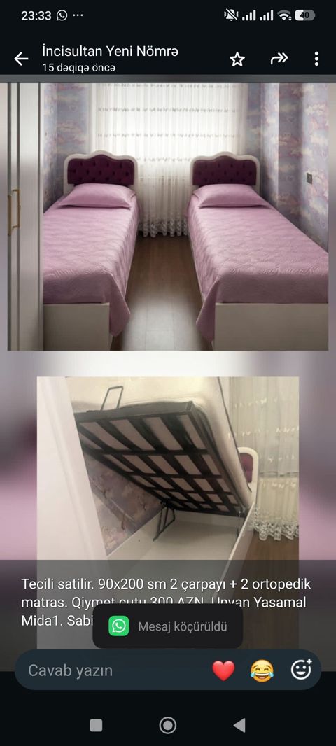 satilir. 90x200 sm 2 çarpayı + 2 ortopedik matras. Qiymet cutu