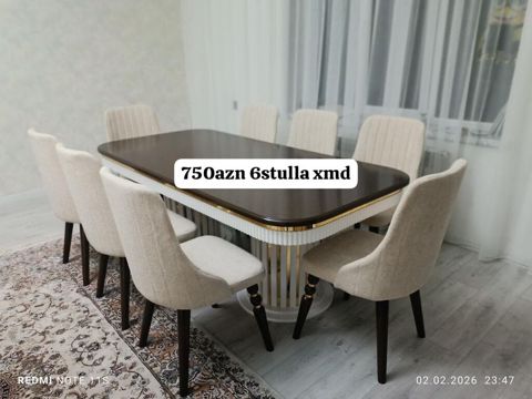 Yemək masası və 6 ədəd stul dəsti - Masa: tünd qəhvəyi rəngli, ovala — Bakı