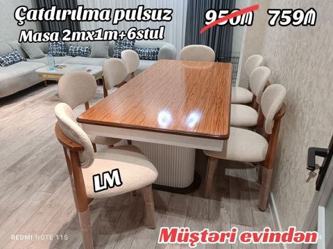Yemək otağı dəsti: 2 m x 1 m ölçülü masa + 6 ədəd stul — Mehdiabad