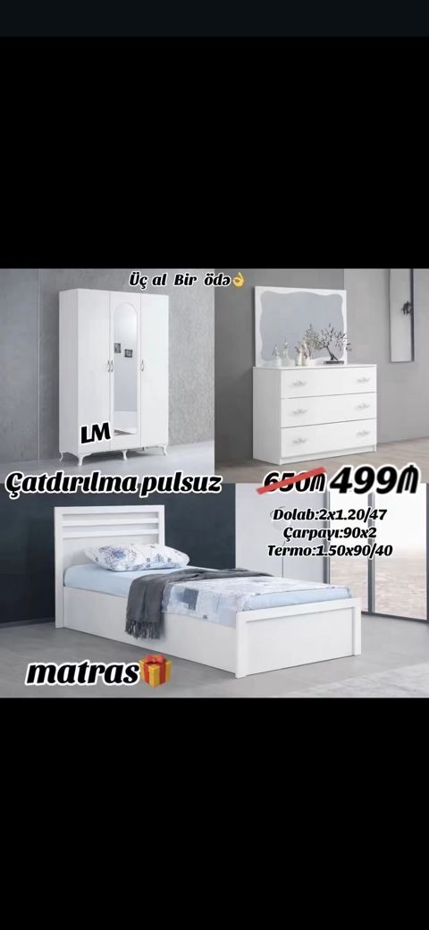 Ağ rəngdə yataq otağı dəsti Dəst tərkibi: - 3 qapılı dolab, ortada — Mehdiabad