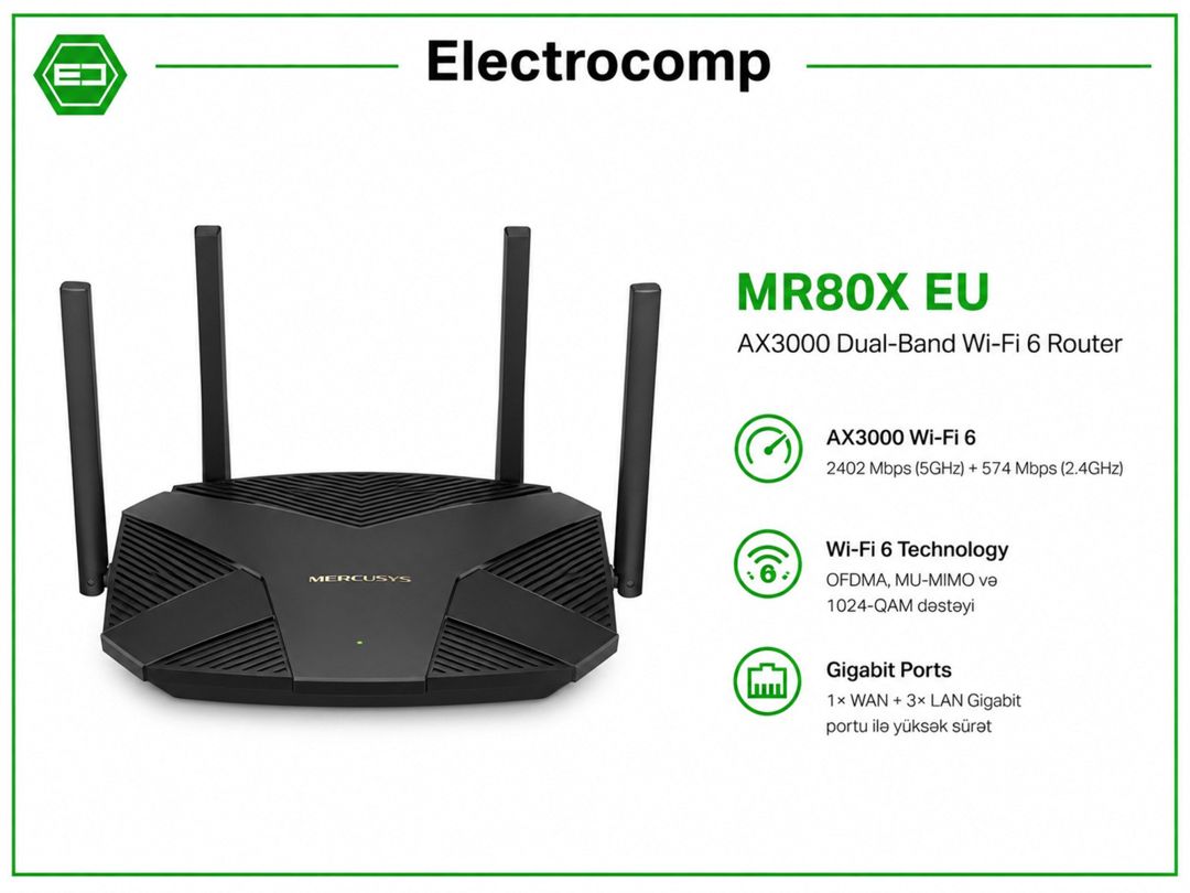 Router MR80X EU AX3000 Dual-Band Wi-Fi 6 — Şəbəkə və server avadanlığı, Bakı