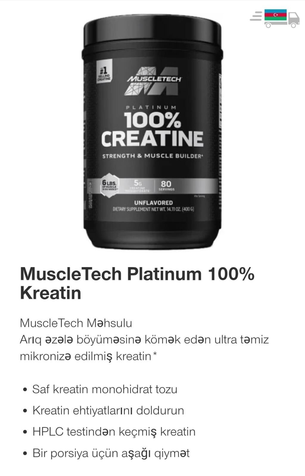 MuscleTech Platinum 100% Creatine Tərkib: ultra təmiz, mikronizə — İdman və istirahət, Digah