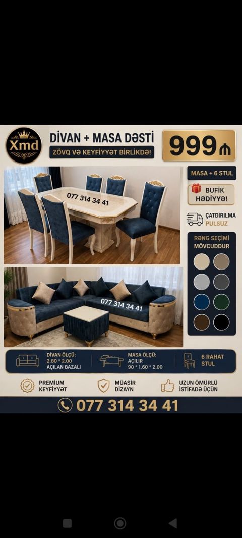 Divan + Masa Dəsti - Dəst tərkibi: 1 masa + 6 stul və künc divan — Xırdalan