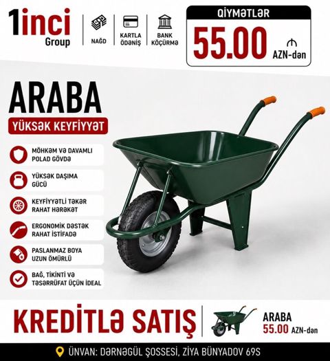 Araba – Yüksək keyfiyyətli təkərli əl arabası - Möhkəm və davamlı — Bakı