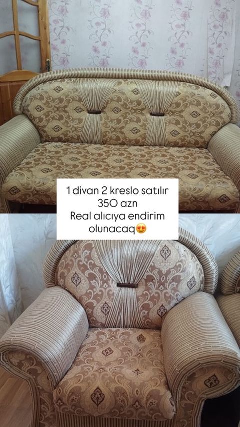 1 divan + 2 kreslo dəsti - Klassik üslubda, bej-qəhvəyi naxışlı parça — Samux