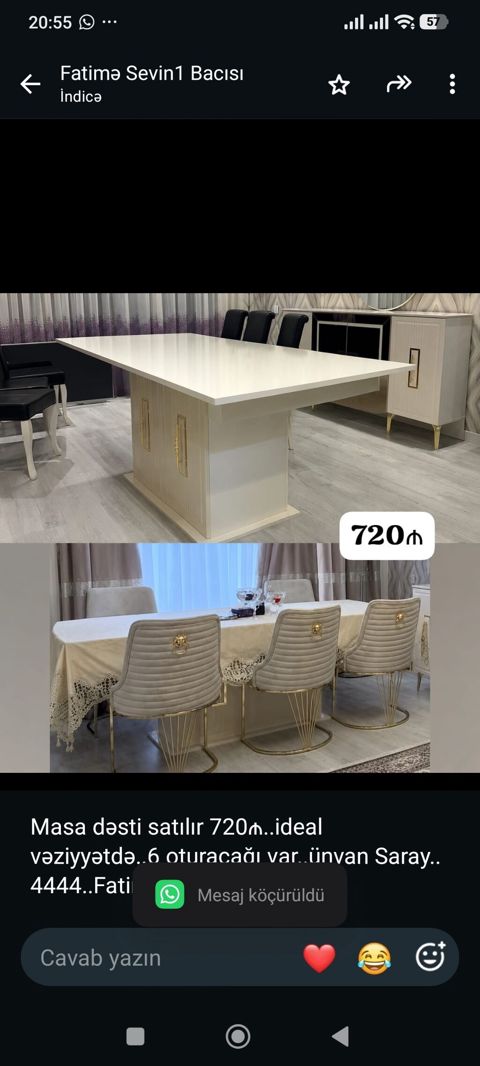 Masa dəsti satılır 720₼. ideal vəziyyətdə. 6 oturacağı var. ünvan — Bakı