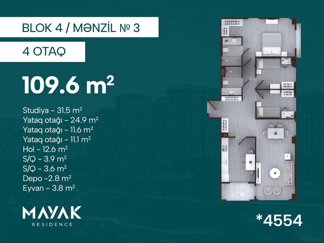 Satılır 4 otaqlı yeni tikili 109.6 m² — Mənzil, Bakı (2)
