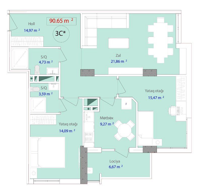 Satılır 3 otaqlı yeni tikili 90.6 m² — Mənzil, Bakı (4)