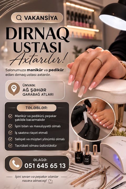 Vakansiya: Dırnaq ustası teleb olunur Təsvir: - Salon üçün manikür və — Bakı