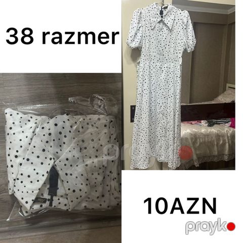 Ağ rəngli, xırda qara xallı qadın paltarı. Dizdən aşağı uzunluq, qısa — Masazır
