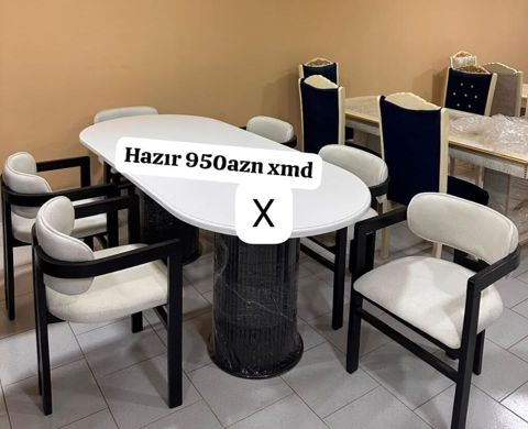 Ağ oval formalı yemək masası və 6 ədəd stul dəsti. - Masa: parlaq ağ — Bakı
