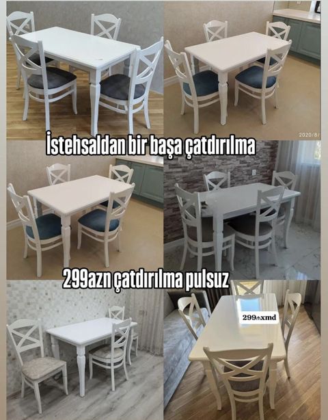 Ağ rəngdə yemək masası dəsti - Dəst: 1 masa + 4 stul - Klassik — Bakı
