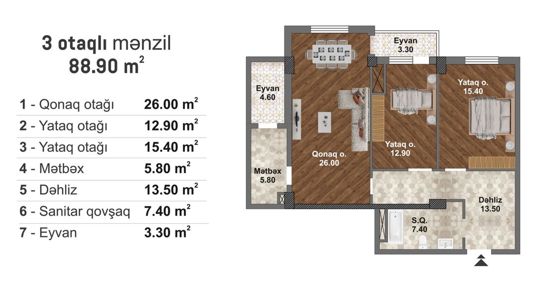 Satılır 3 otaqlı yeni tikili 88.9 m² — Mənzil, Bakı (2)