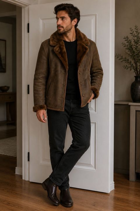 Kişi üçün dəri kürklü gödəkçə - Model: qısa kəsim, düz siluet — Digah