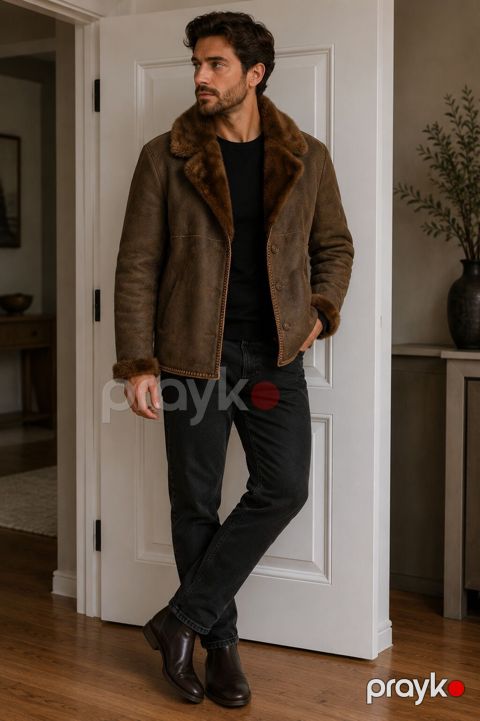Kişi üçün dəri kürklü gödəkçə - Model: qısa kəsim, düz siluet — Digah