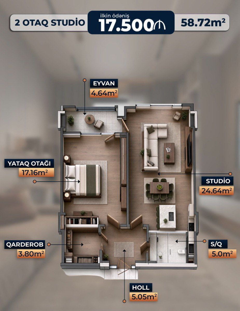 Satılır 2 otaqlı yeni tikili 58.7 m² — Mənzil, Sumqayıt (2)