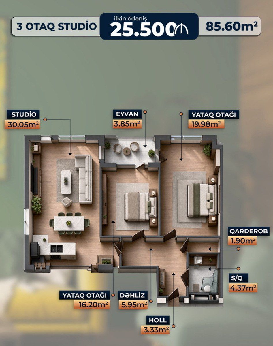 Satılır 3 otaqlı yeni tikili 85.6 m² — Mənzil, Sumqayıt (2)