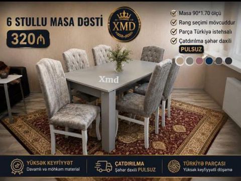 6 stullu masa dəsti - Masa ölçüsü: 90 170 sm - Komplekt: 1 masa + 6 — Bakı