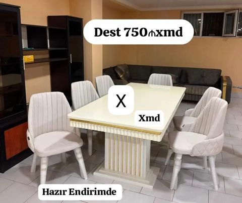 Yemək otağı dəsti - Dəst: 1 ədəd böyük dikdörtgen masa + 6 ədəd stul — Ucuz serfeli Mebel — Masalar və stullar