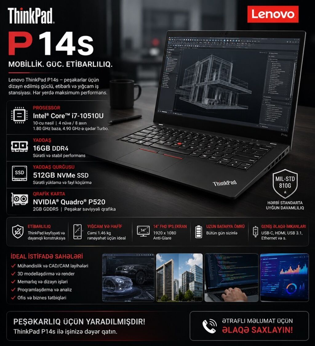 Lenovo ThinkPad P14s — İş və Peşəkar İstifadə üçün Güclü Seçim — Lenovo, Bakı