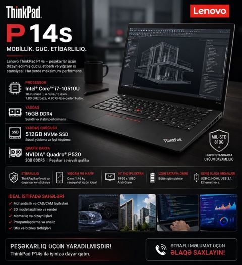Lenovo ThinkPad P14s — İş və Peşəkar İstifadə üçün Güclü Seçim — Bakı