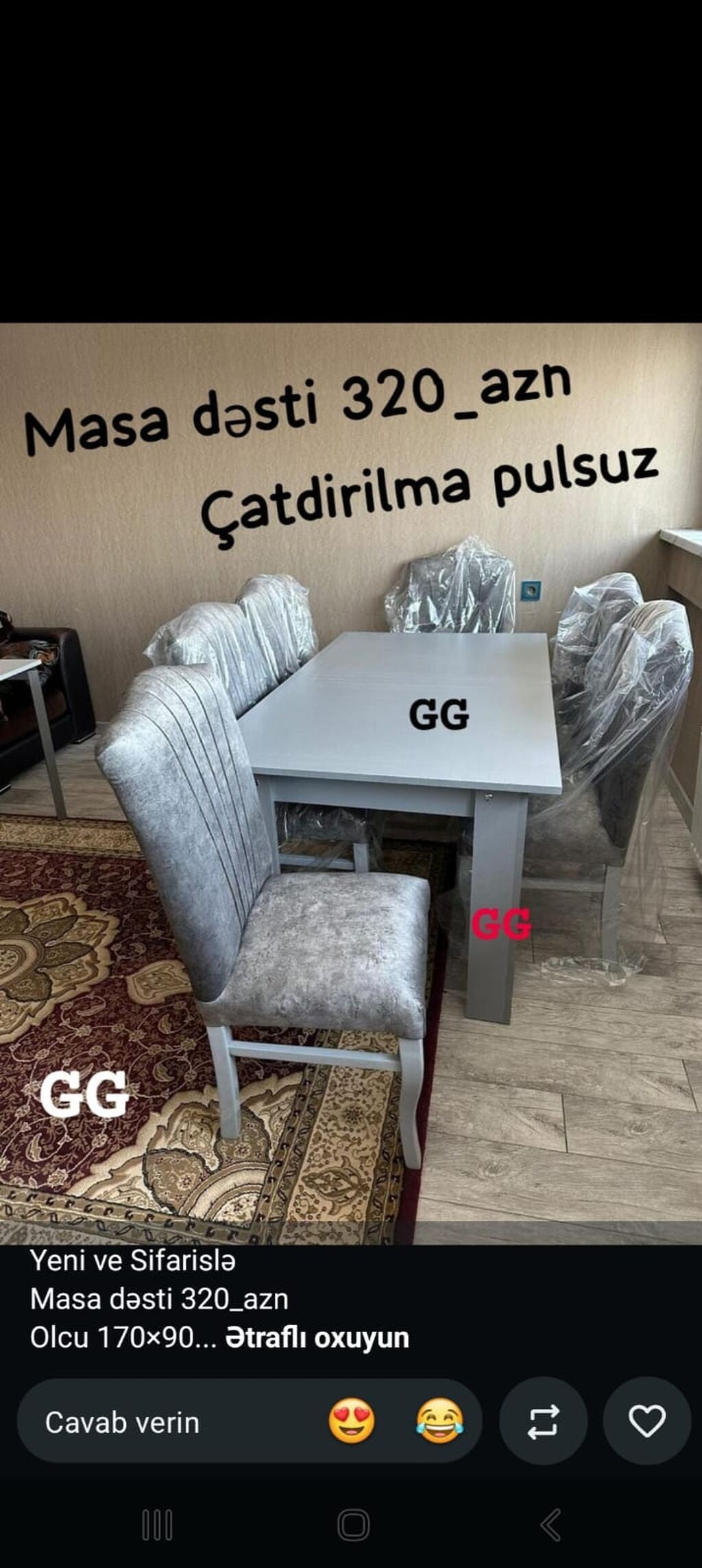 Masa və stul dəsti - Komplekt: 1 ədəd masa + 6 ədəd stul - Ölçü: masa — Masalar, Bakı