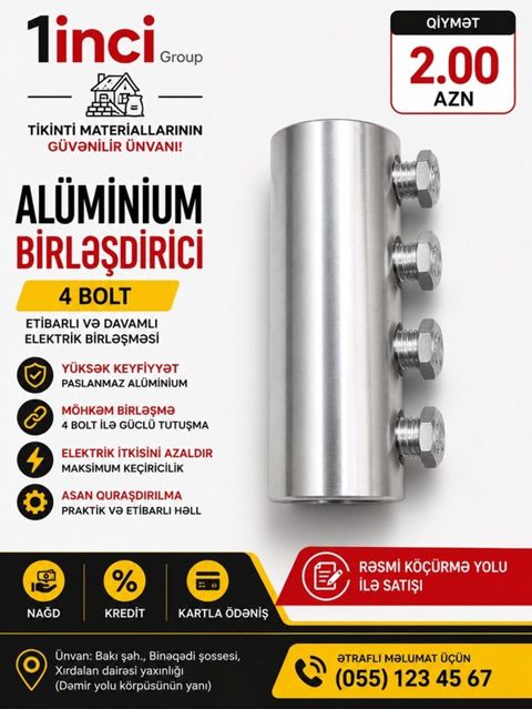 Məhsul 1: Alüminium birləşdirici – 4 bolt - Elektrik birləşmələri üçün — Bakı