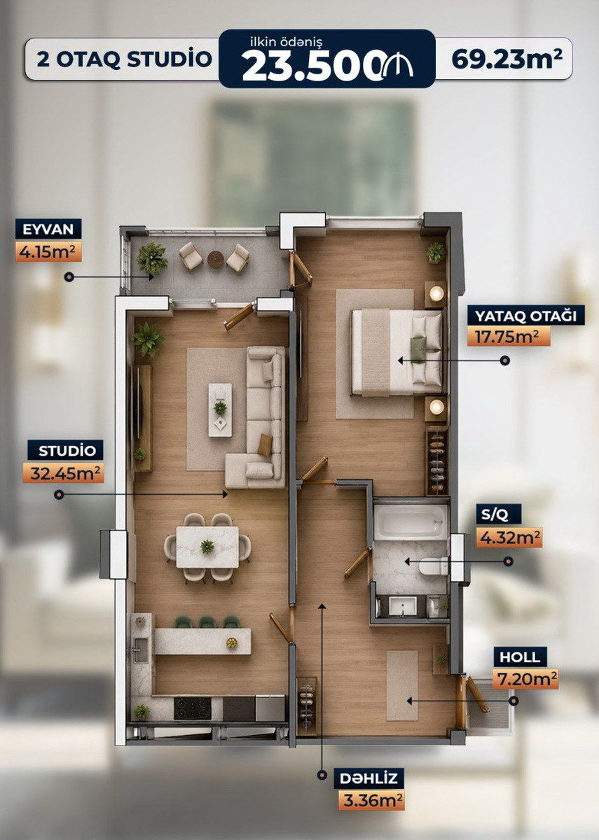 Satılır 2 otaqlı yeni tikili 69.2 m² — Mənzil, Sumqayıt (2)