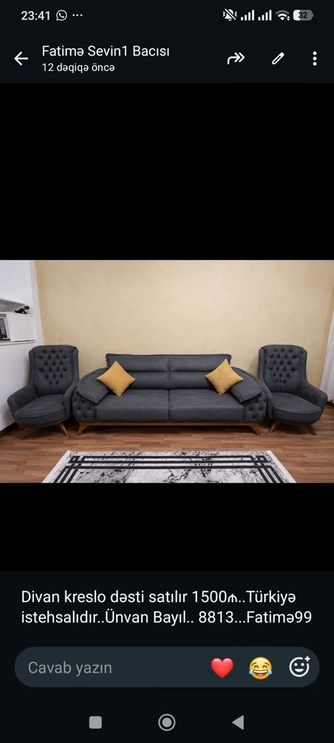 Divan kreslo dəsti satılır 1500₼. Türkiyə istehsalıdır. Ünvan Bayıl — Bakı