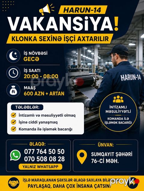 Fəhlə tələb olunur, Təcrübəsiz, Gecə növbəsində iş, Həftəlik ödəniş — Sumqayıt