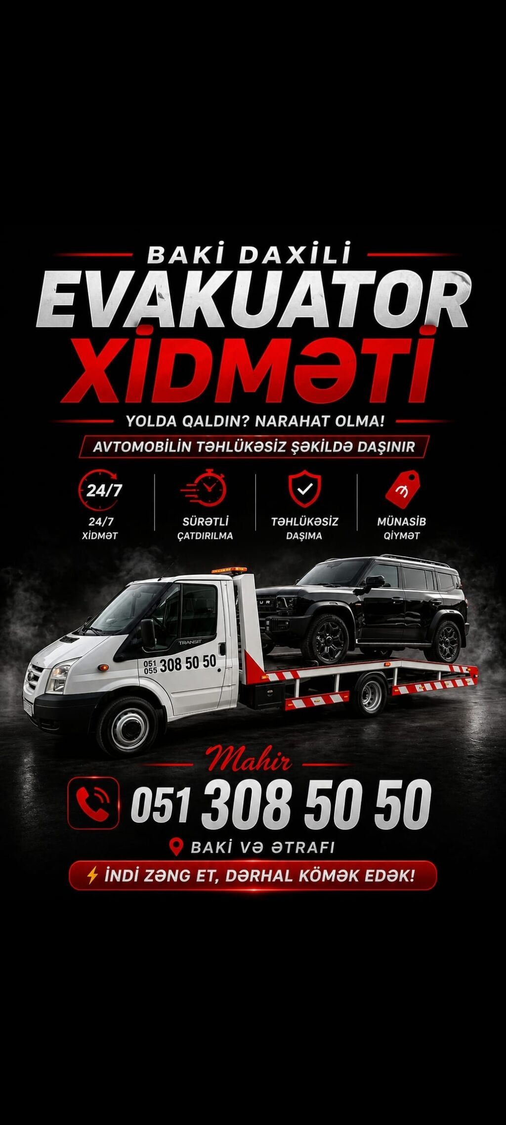 Evakuator, Hərəkətli platforma ilə, 5000 t, Rayonlara, Şəhər daxili — Evaktor xidmətləri, Bakı (2)