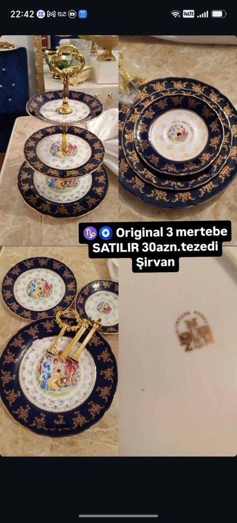 Tort və şiriniyyat qabı, rəng - Göy, Farfor, Çexiya — Şirvan