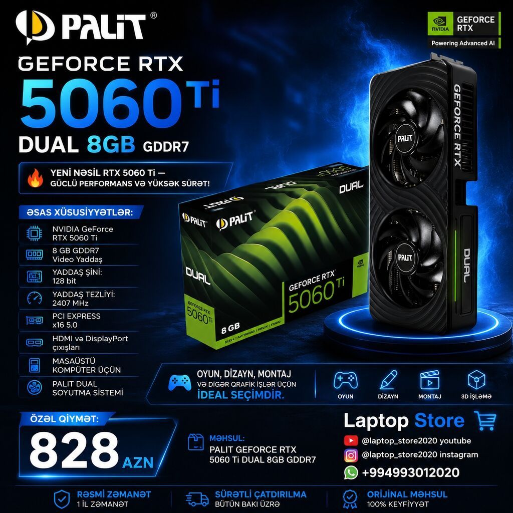 Palit GeForce RTX 5060 Ti Dual 8GB GDDR7 — 828 AZN Yeni nəsil RTX — Qrafik kartlar, Bakı