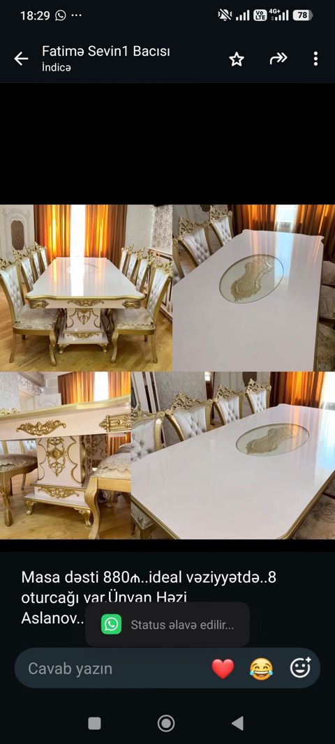 Masa dəsti 880₼. ideal vəziyyətdə. 8 oturcağı var.Ünvan Həzi — Bakı