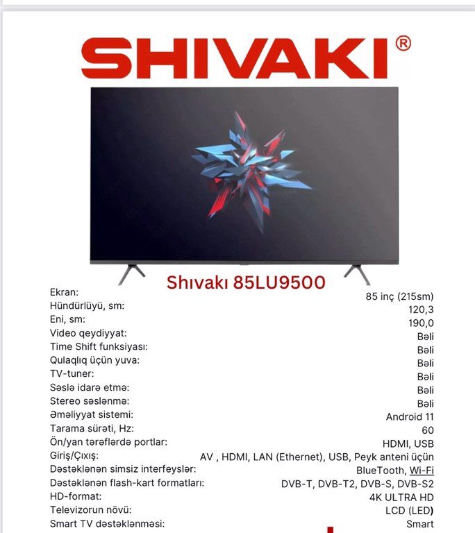 Televizir "Shivaki 216 Smart 85LU9500 UHD 4K" — TV və Video, Bakı (3)