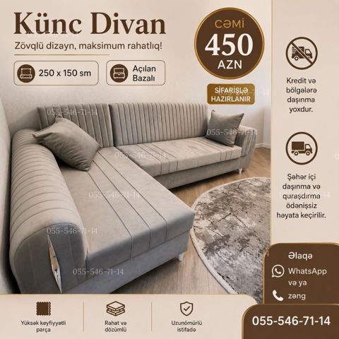 Künc Divan – zövqlü dizayn, maksimum rahatlıq Ölçü: 250 x 150 sm — Bakı