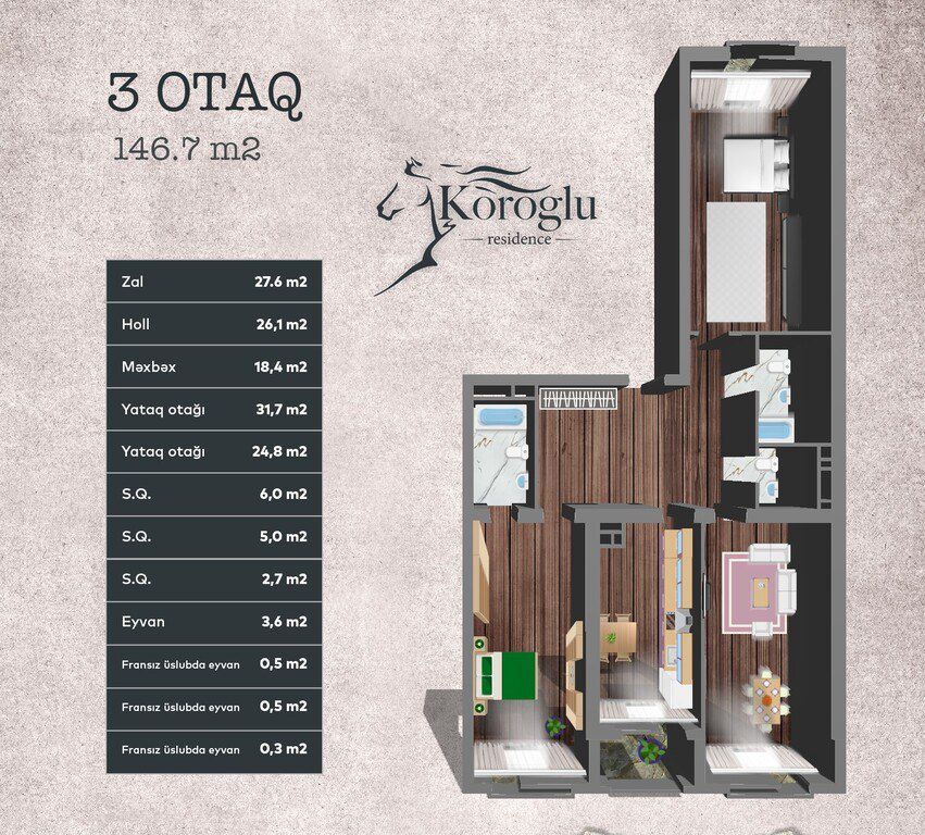 Satılır 3 otaqlı yeni tikili 146.7 m² — Mənzil, Bakı (2)