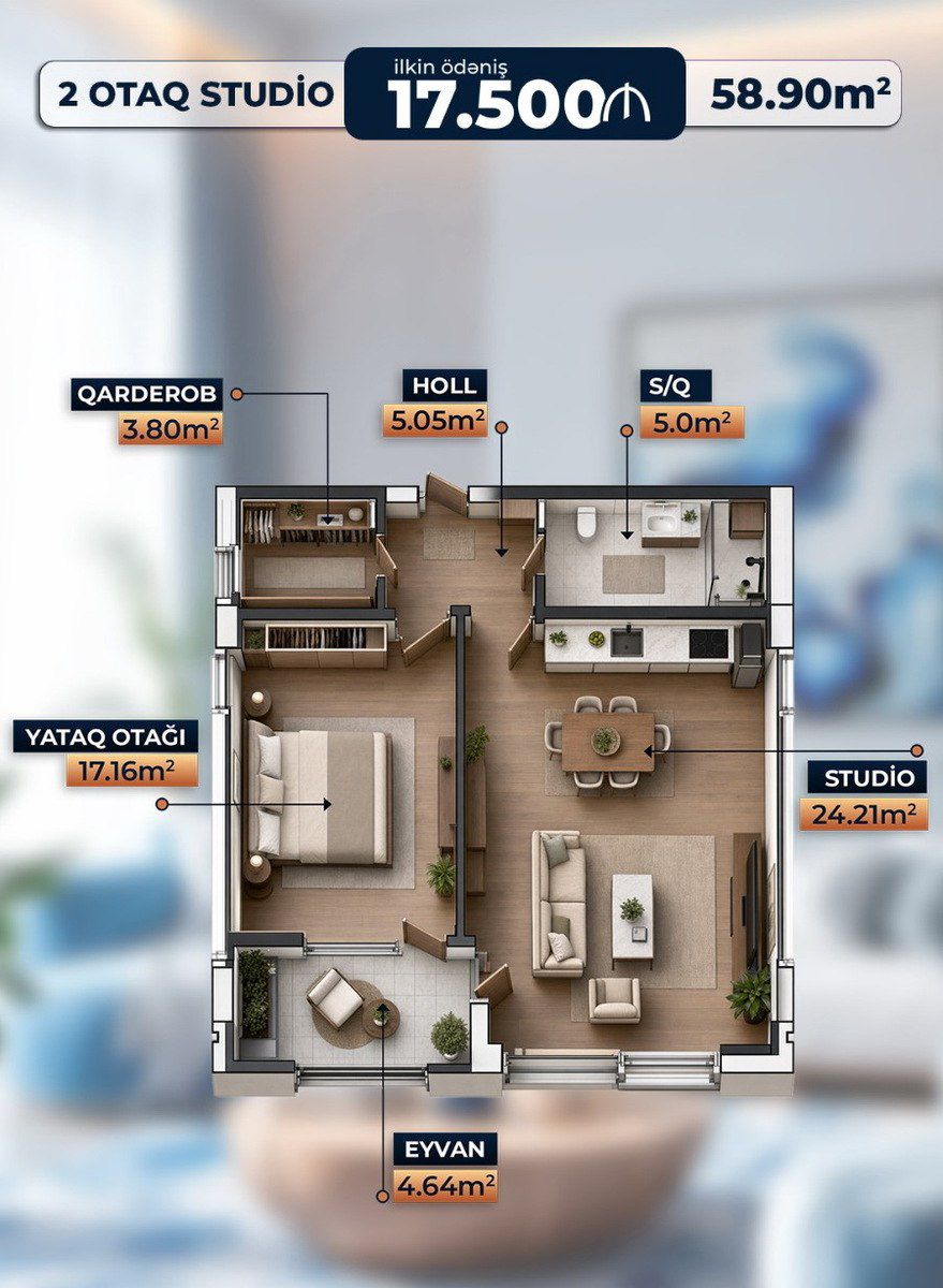 Satılır 2 otaqlı yeni tikili 58.9 m² — Mənzil, Sumqayıt (2)