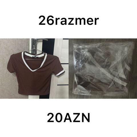 Qısa qollu, V-yaxa qəhvəyi crop-top. Yaxasında və qollarında ağ haşiyə — Masazır