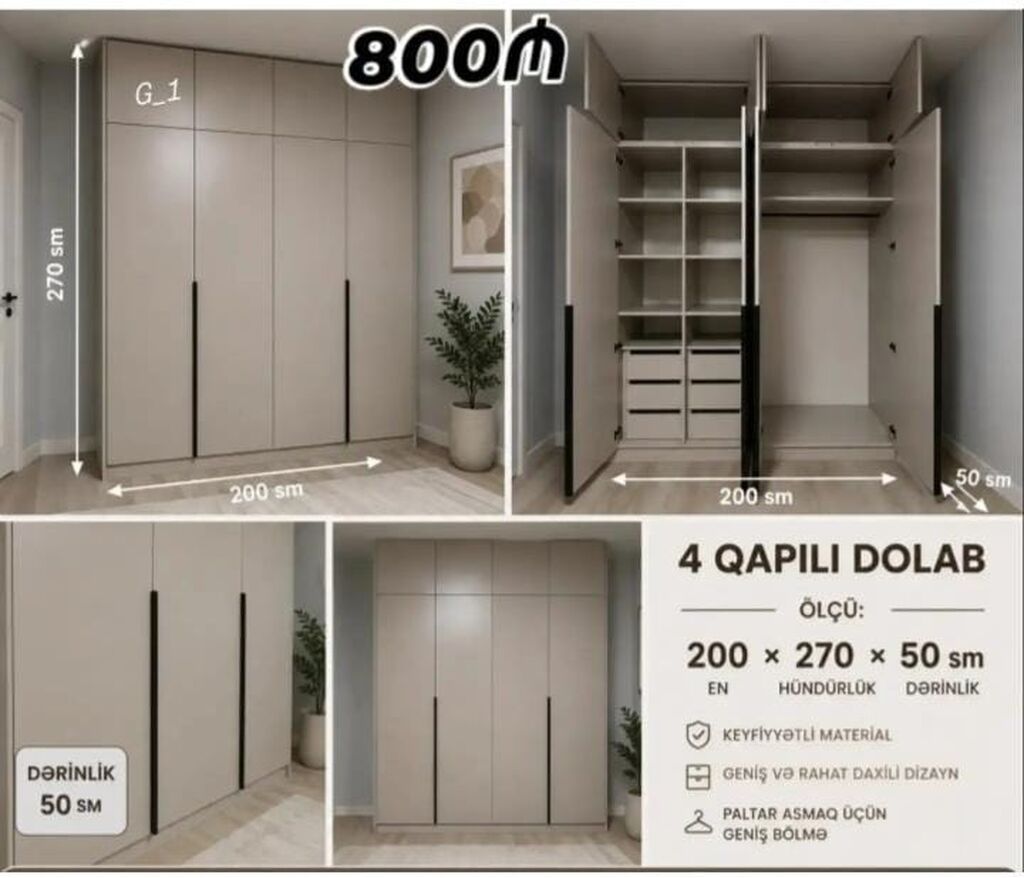 4 qapılı geyim dolabı Ölçülər: - En: 200 sm - Hündürlük: 270 sm — Şkaflar, Mehdiabad