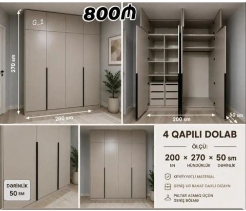 4 qapılı geyim dolabı Ölçülər: - En: 200 sm - Hündürlük: 270 sm — Mehdiabad