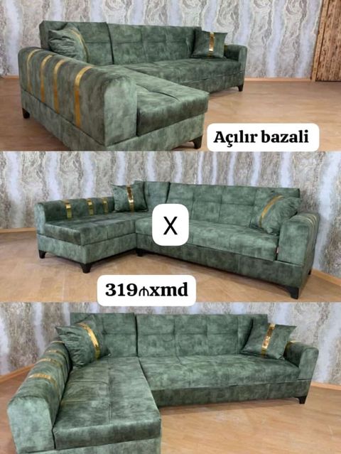 Açılır-bazalı L formalı künc divan - Rəng: zeytun-yaşıl, parça üzlük — Bakı