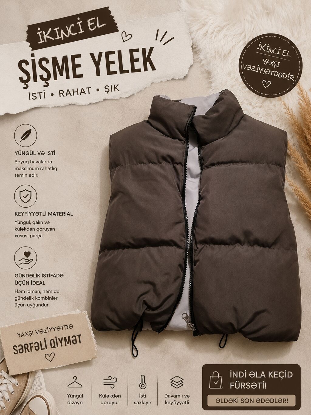 İkİncİ əl şişmə jilet/yelek Məhsulun xüsusiyyətləri: - İsti, yüngül — Şəxsi əşyalar, Bakı (2)