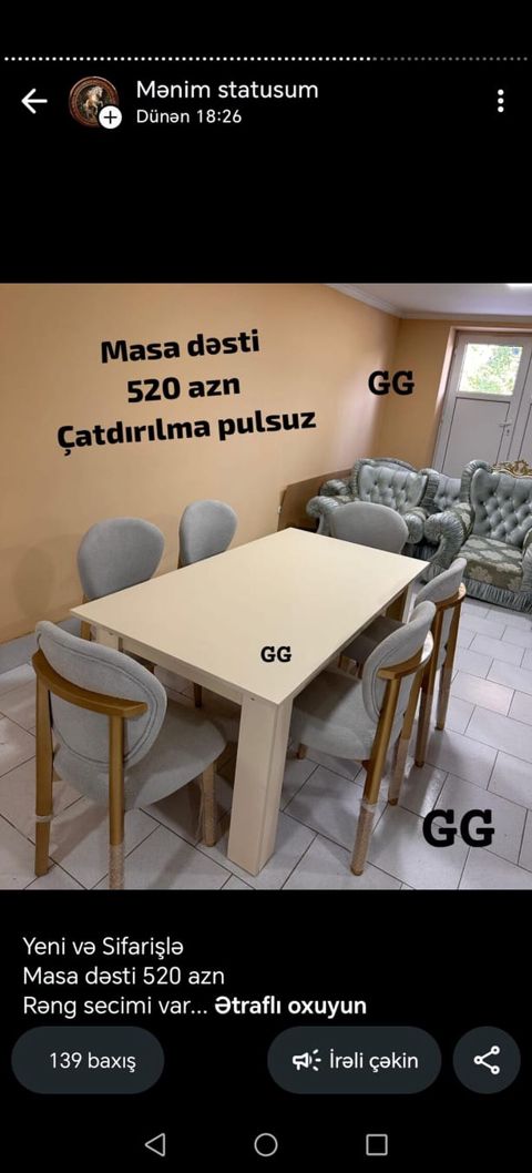 Məhsul: Masa dəsti Tərkibi: - 1 ədəd düzbucaqlı yemək masası - 4 ədəd — Bakı
