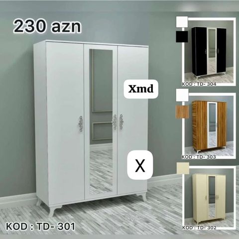 3 qapılı paltar şkafı – KOD: TD-301 - Üç qapılı dizayn, orta qapıda — Ucuz serfeli Mebel — Şkaflar