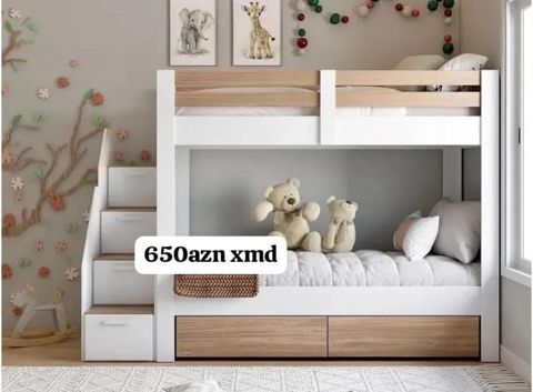 Uşaq otağı üçün iki mərtəbəli çarpayı sistemi - Dizayn: ağ və açıq — Bakı
