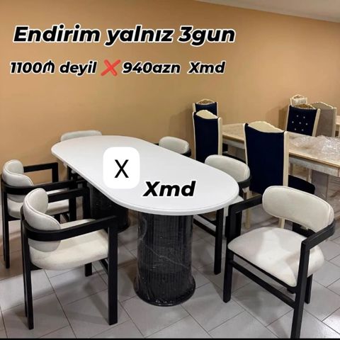 Ağ üstlü, oval formalı yemək masası və 6 ədəd kreslo dəsti. - Masa — Ucuz serfeli Mebel — Masalar və stullar
